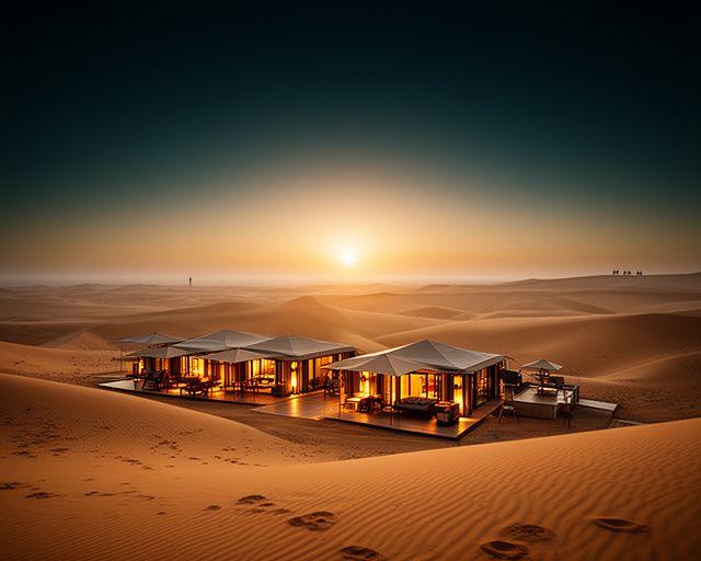 Campo tendato di lusso nel deserto al tramonto con luci soffuse e dune dorate all'orizzonte